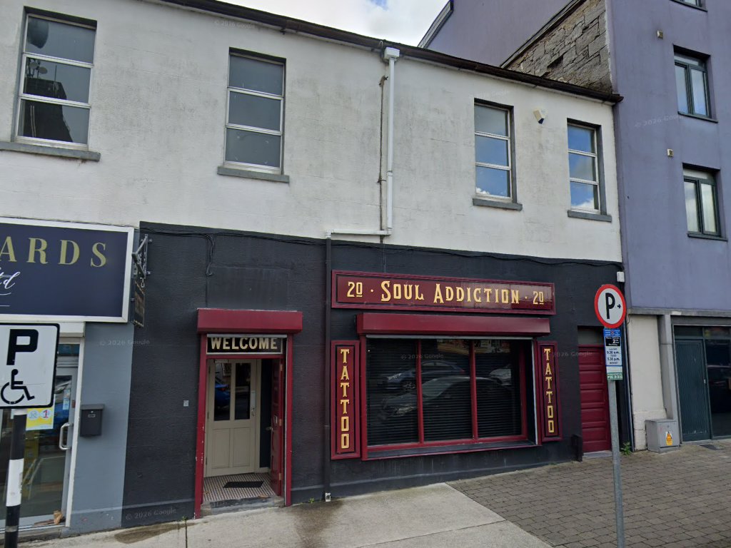 The Soul Addiction shopfront at 20 Roches Street, Limerick, with gold lettering on the dark fascia